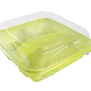 Container Plastic Hinged 8x8" 3-Comp Lime Green, Bottlebox