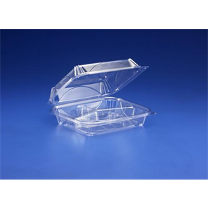 Container Plastic Hng, 8" Clear, 3-Comp PET