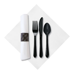 Cutlery Kit Rolled - F,S,K Black, Linen Like Nap