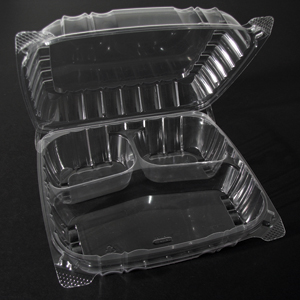 Container Plastic Hng, 3-Comp, 9.5x8.x3", PS